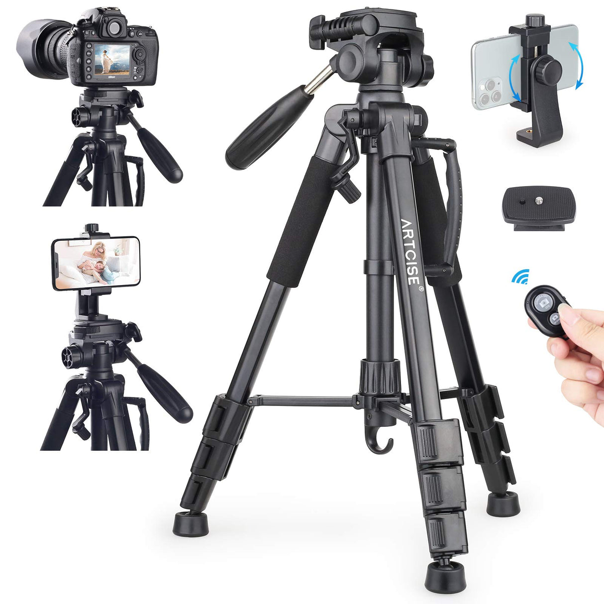 Camera Tripod for Camera, 159 cm Smartphone Tripod Stand with Phone Holder Mount、Bluetooth Wireless Remote and 2 Quick Release Plates Support Canon,Sony,Nikon,DSLR Camera, Cellphone, etc