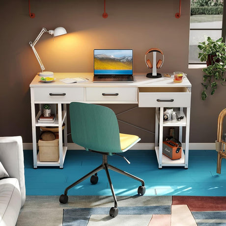 Office Small Computer Desk: Home Table with Fabric Drawers & Storage Shelves, Modern Writing Desk, 120 x 40 x 79cm,White