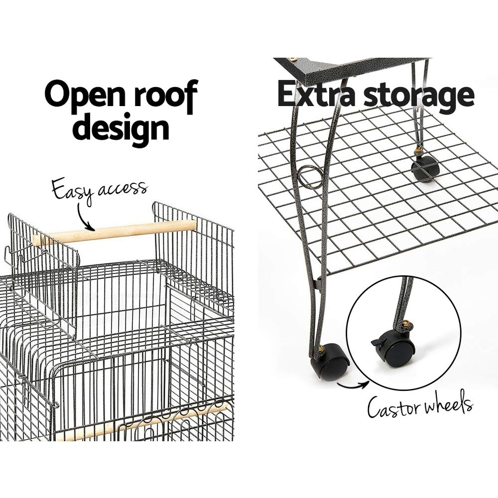 Bird Cage 53 x 53 x 145cm Large Guinea Pig Pet Birds Parrot Ferret Cages Aviary Budgie Finch Canary Stand Toys,Black 2 Perch with Wheel + Slide-Out Removable Tray