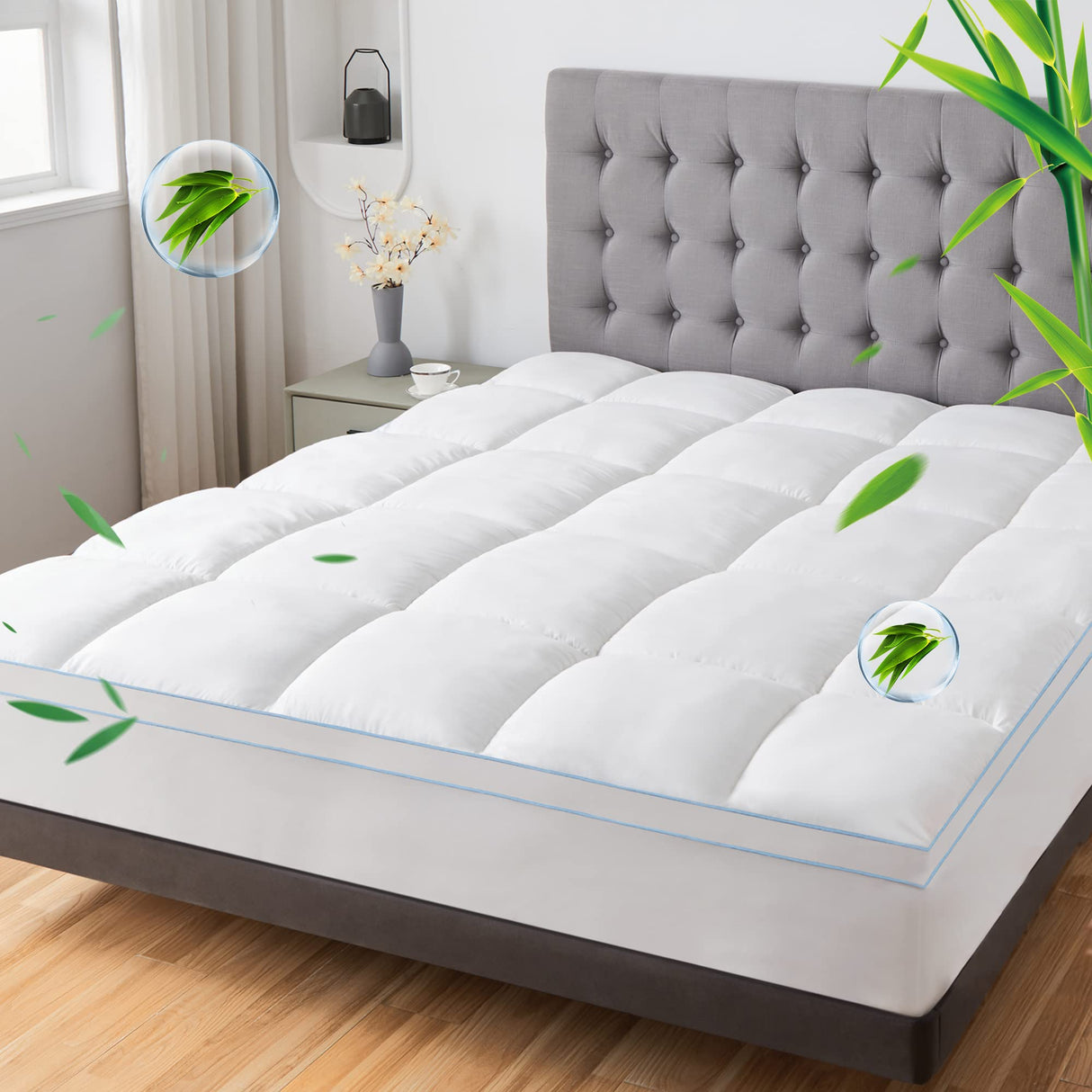 Luxury Bamboo Mattress Topper Double Size - Cooling & Softness - 1000GSM Bamboo Fiber Filling for Superior Comfort and Breathability with 45cm Deep Pocket - Hotel Quality- White