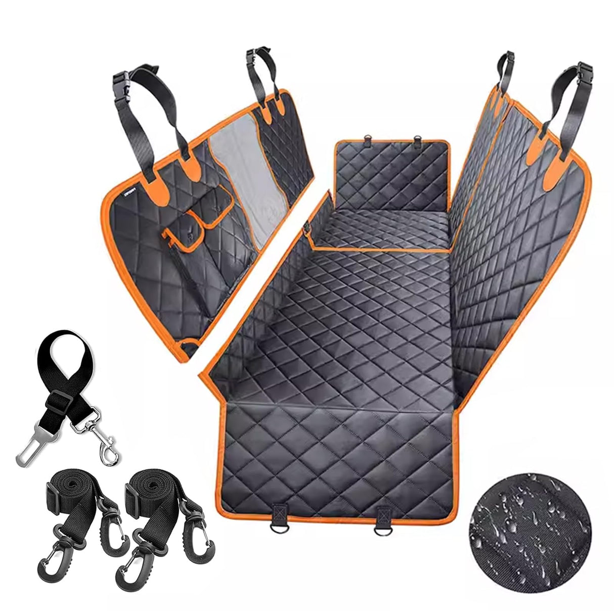 6 in 1 Split Dog Car Seat Cover for Back Seat, 100% Waterproof Dog Car Hammock with Mesh Visual Window and Storage Pocket, Back Seat Protector for Cars, Trucks, SUVs (Orange, 6 in 1)