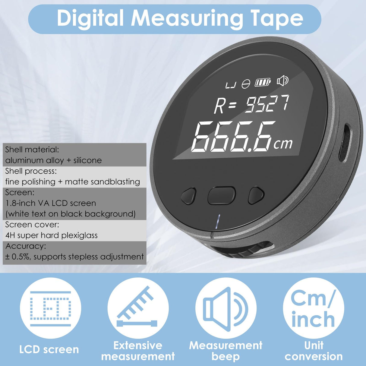 Digital Tape Measure, Digital Measuring Tape with LCD Display Digital Ruler, Electronic Tape Measure, Type-C Rechargeable Digital Display Roller Ruler, Smart Long Distance Rolling Measuring Tool