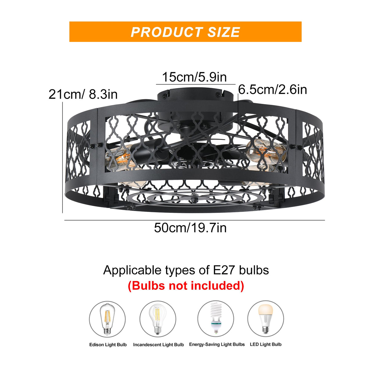 20in Caged Ceiling Fan with Light,Bladeless Black Fandelier Ceiling Fan with Remote,Industrial Farmhouse Flush Mount Ceiling Fan Light Fixtures for Kitchen,Bedroom, Living Room