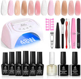 Gel Polish Gel Nail Polish Kit with U V LED Light 48W,6 Colors Jelly Milky White Sheer Pink Nude Gel Polish Starter Kit Manicure,Soak Off U V Gel Nail Polish Set Salon DIY Valentine Women Girls