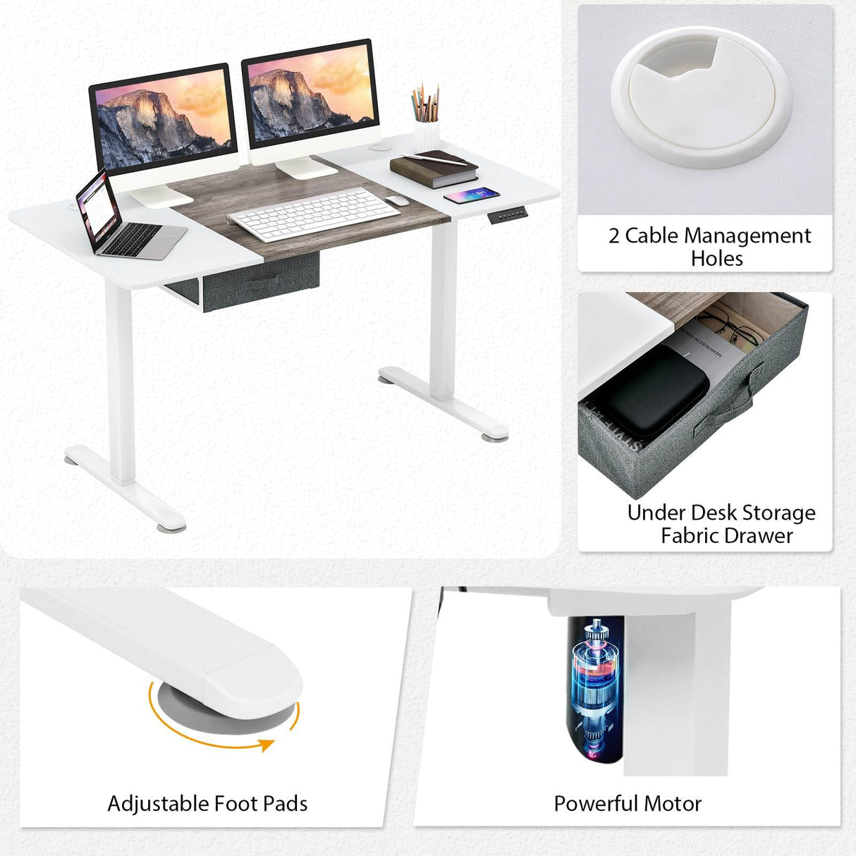 Electric Height Adjustable Standing Desk, Ergonomic Sit Stand Desk, Stand up Computer Workstation w/USB Charging Port, Storage Drawer, 2 Cable Holes, for Home Office 140 x 70 cm