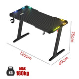 Gaming Desk LED Gaming Workstation RGB Light Computer Desk Z Shaped, Black Pc Desk with Carbon Fiber Surface Cup Holder & Headphone Hook, (120 * 60 * 75cm)