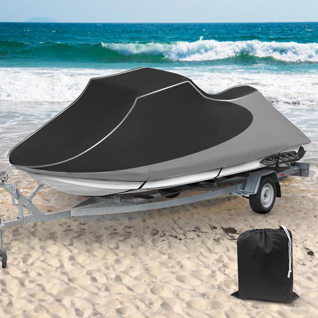 Jet Ski Cover, Heavy Duty Waterproof 210D PWC Cover with Air Vents and Reflective Strips, Fits Seadoo Yamaha GTX Kawasaki Honda Polaris 2 Seater Lengths (Black&Gray)