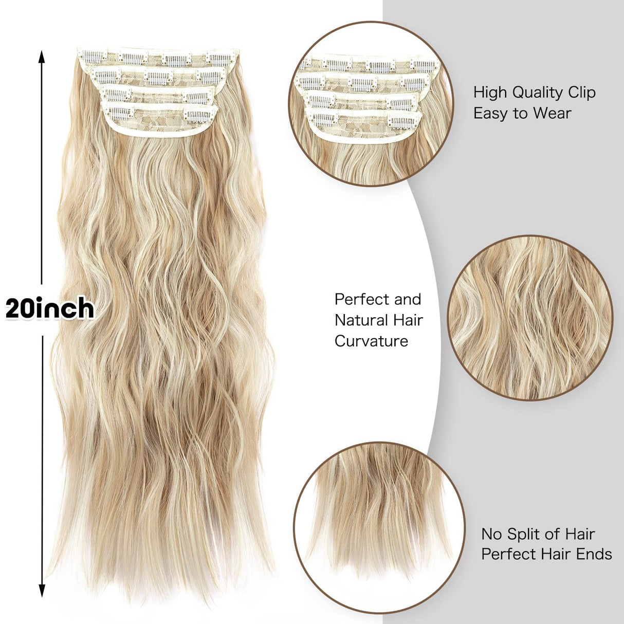 Clip in Long Wavy Synthetic Hair Extension 20 Inch 4PCS Dark Golden Mix Beige Blonde Highlights Hairpieces Thick Double Weft Hair Extension for Women (4pcs, 20Inch, P86/613#)