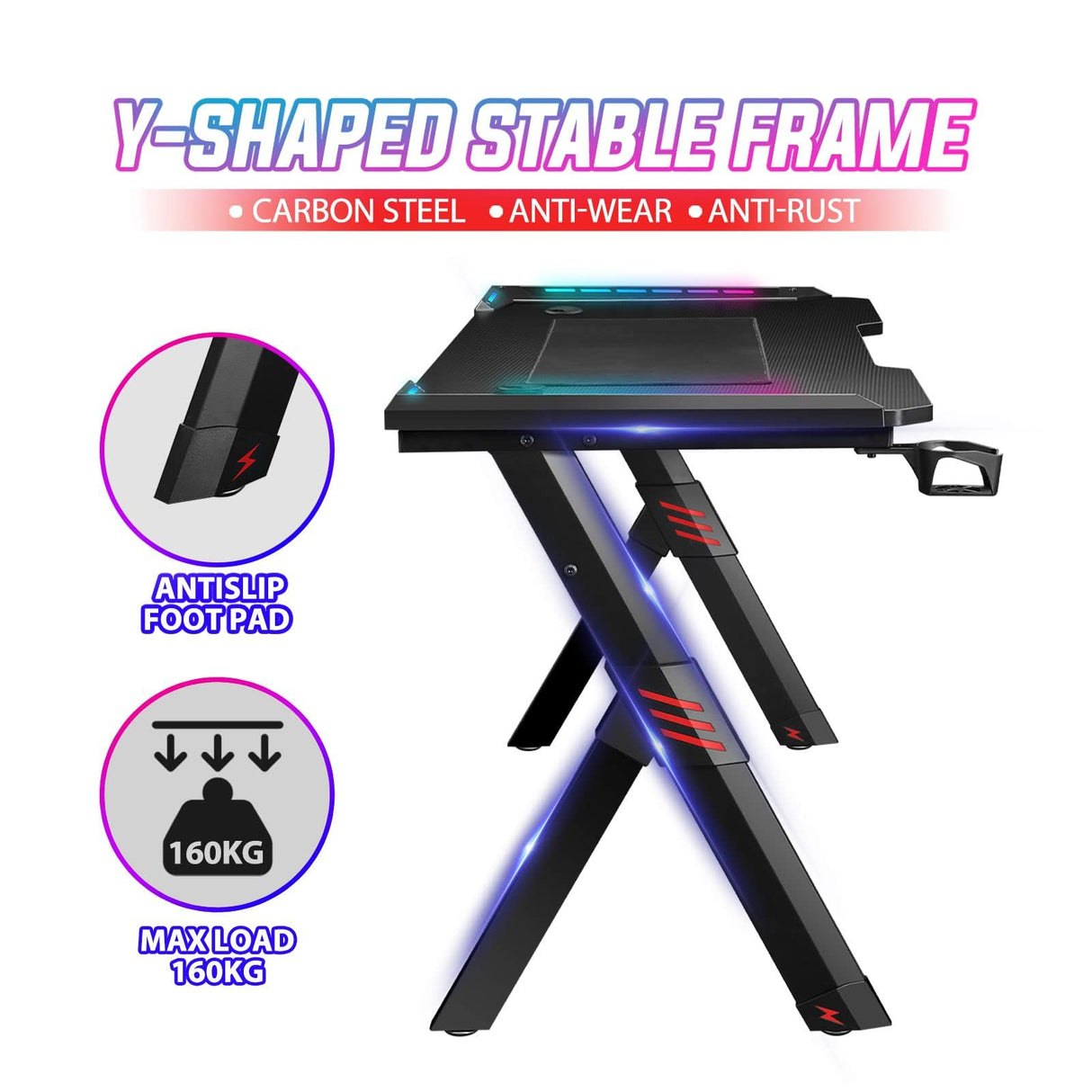 Gaming Desk with Led Light Computer Desk Home Office Workstation Racer Table Desktop Carbon Fiber 140CM