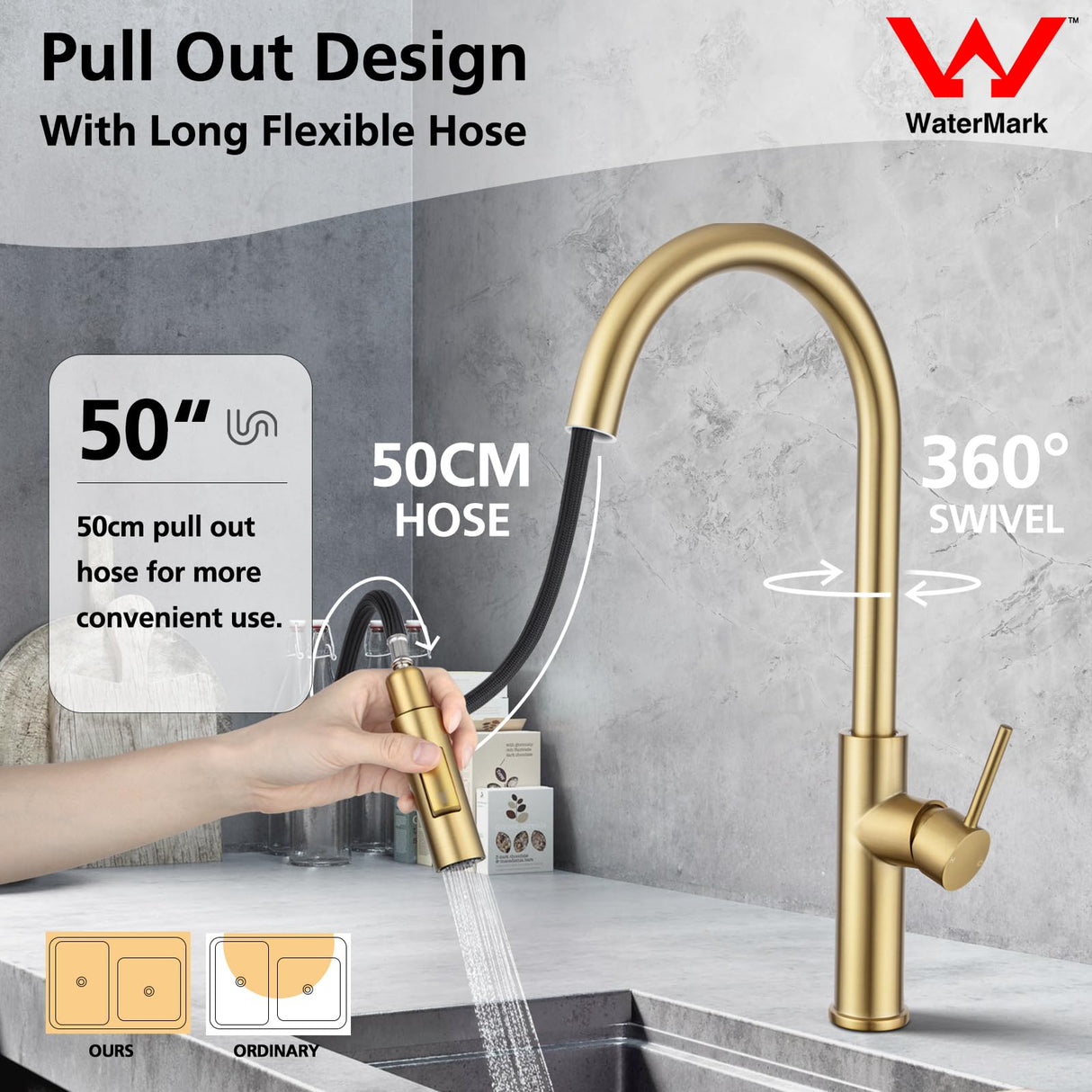 2 Mode Pull Out Kitchen Tap Swivel Gooseneck Laundry Sink Taps Faucet WELS Kitchen Mixer Tap(Brushed Yellow Gold)