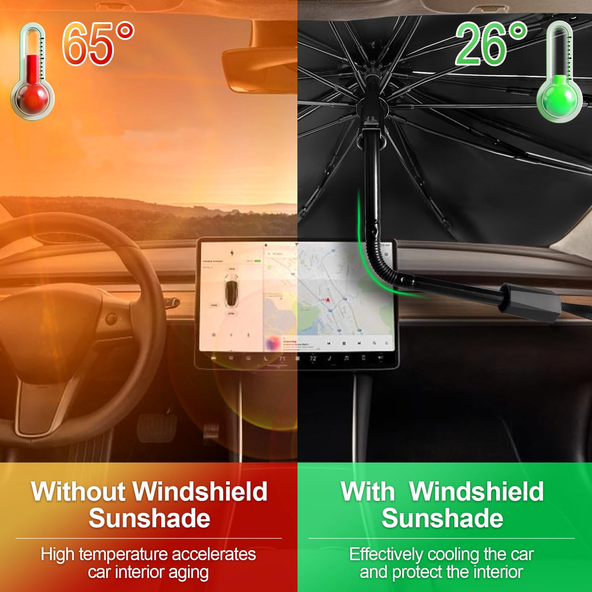 Car Windshield Sun Shade Umbrella, Bendable Car Umbrella Window Sunshades for Automotive Front Window, Windscreen Sun Shade Cover Fit for Most Cars Vehicle SUV Truck-Large Size 57x31 Inches (Black)