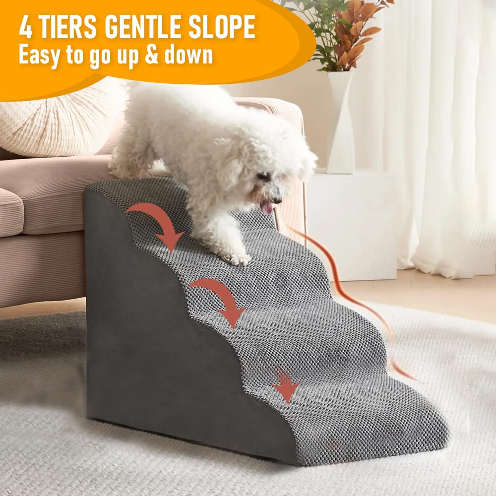 Dog Stairs 4 Tiers Dog Steps Pet Ramp Stairs for Couch and Bed Non-Slip 4-Step Pet Stairs, Small Dog Cat Ramp Pet Dog Steps 4 Tiers Training Stairs, Removable and Washable Case (4 Tiers)