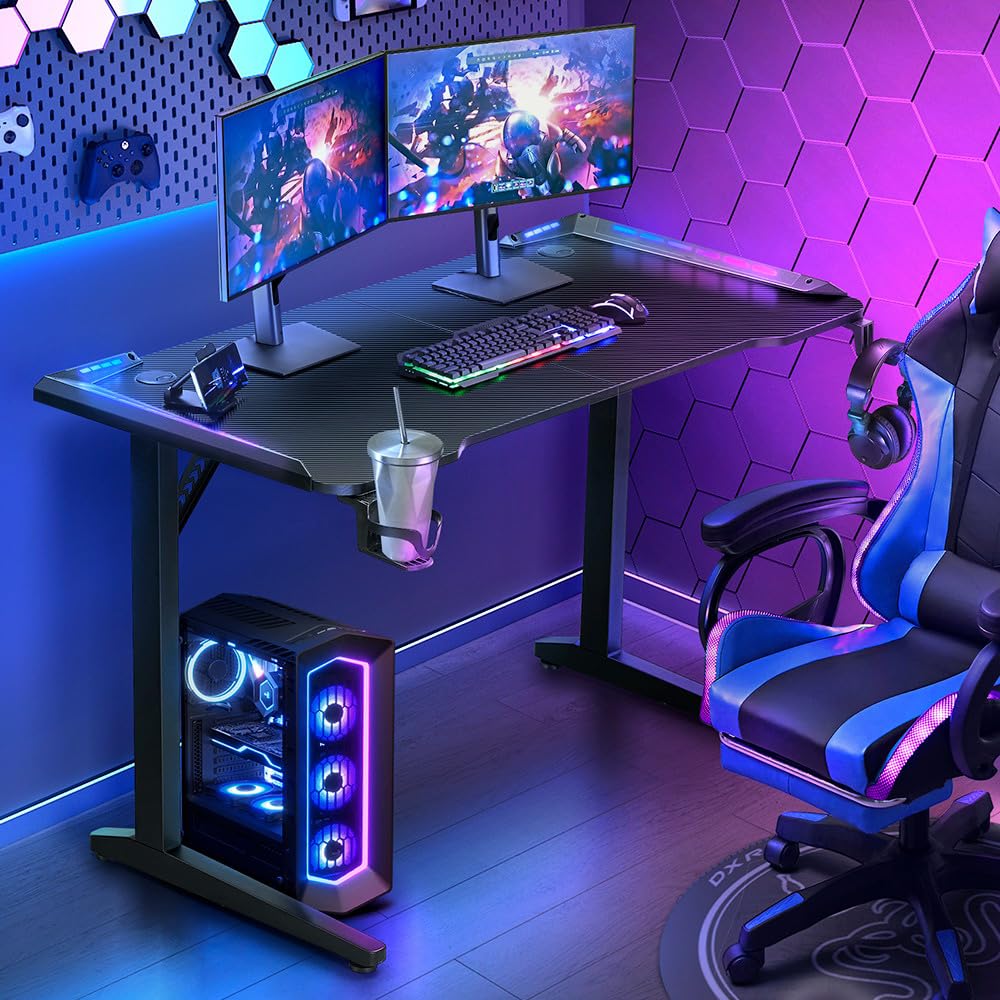 Furb 160cm RGB Gaming Desk with LED Lights, Black PC Computer Desk T Shaped Ergonomic Home Office Desk, Carbon Fibre Texture Gaming Table Workstation with Cup Holder Headphone Hook