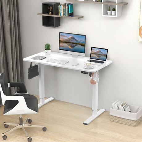 Electric Height Adjustable Standing Desk 110x60cm (43.3"x23.6"), Sit Stand Desk with Splicing Top for Home Office (White Frame + White Desktop)