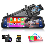 Mirror Dash Cam with Wireless Apple Carplay, Android Car with HD Rear View Camera, 9.66 Inch IPS Touchscreen Dual 1080P Rear View Mirror, Dash Cam Car, 2 Split Screens, Bluetooth