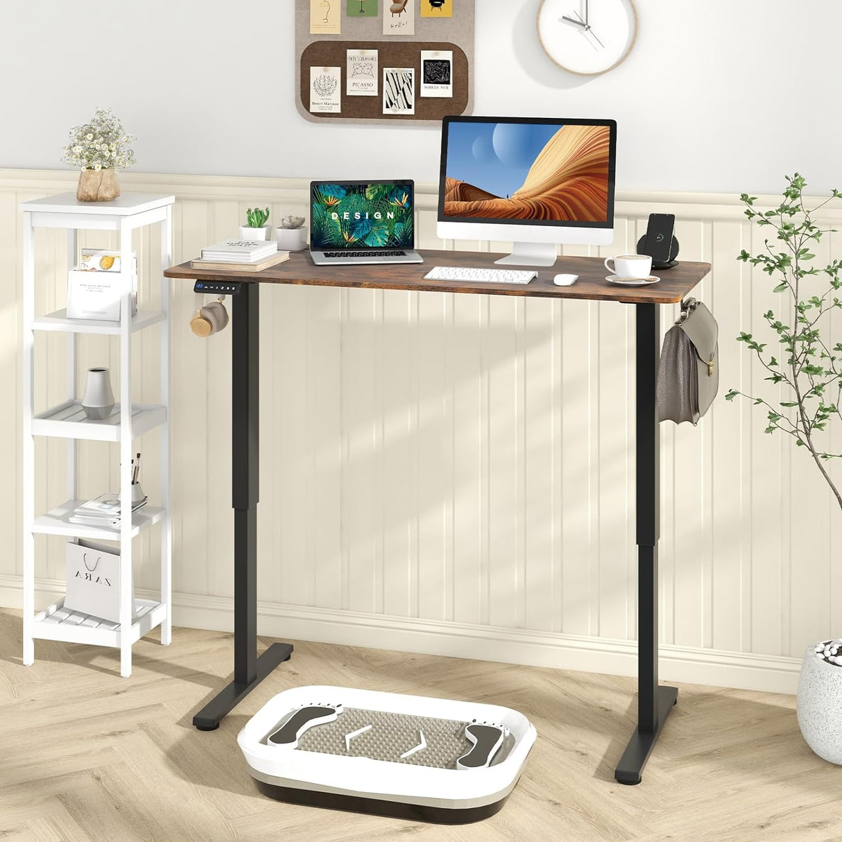 Electric Standing Desk, 140 x 60 cm Sit Stand Home Office Desk with 3 Memory Height Settings, Height Adjustable Computer Desk with 2 Hanging Hooks & Cable Management