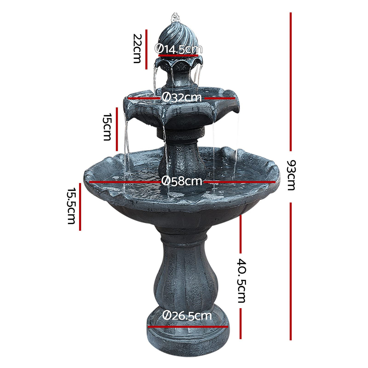 Solar Water Fountain, 9V 93cm Tall Feature Pump Bird Bath Powered Features Fountains Garden Outdoor Indoor Pond Decoration, 3 Tiers Birdbath Battery