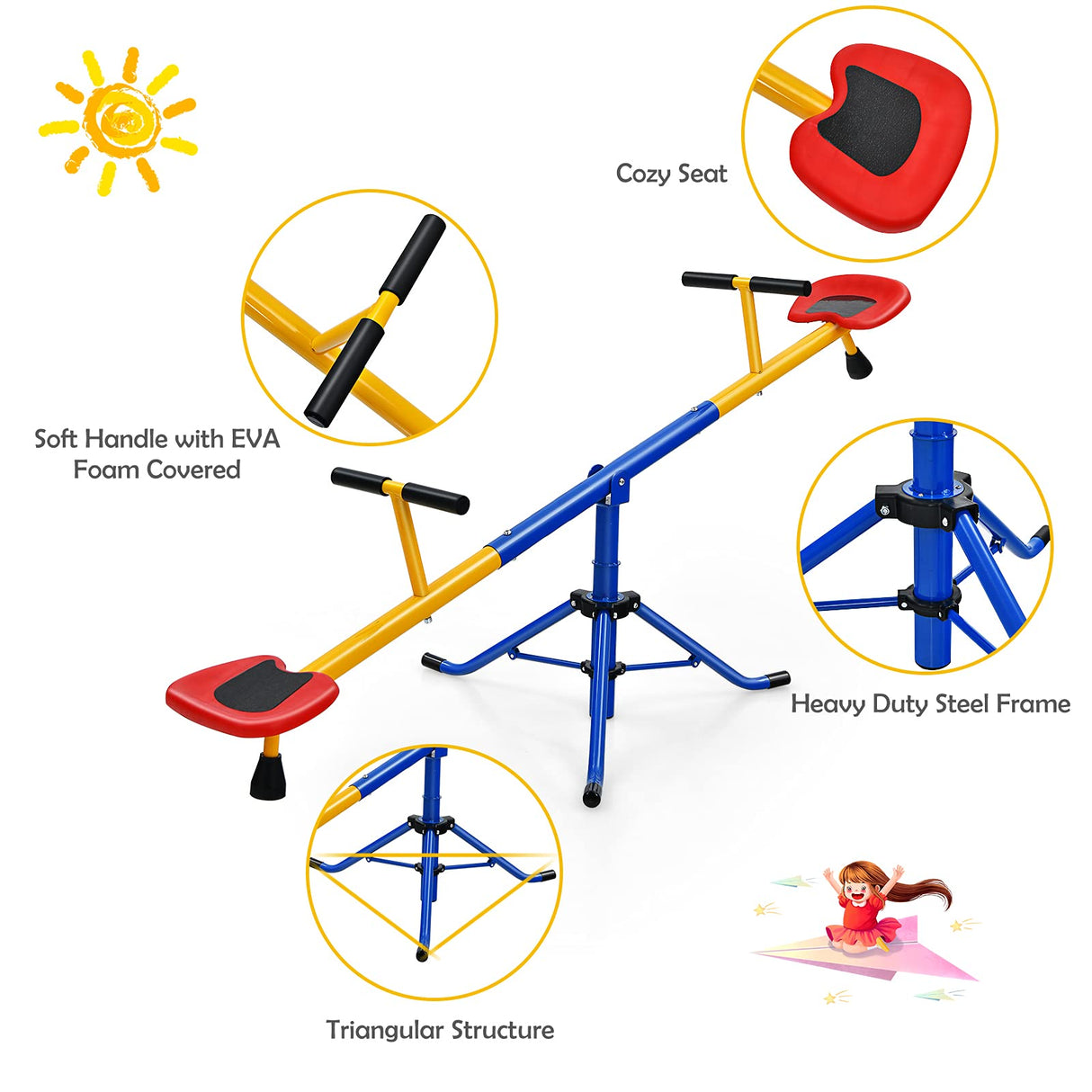 Kids Seesaw, Swivel Teeter Totter Playground Equipment for Children w/360 Degree Rotation, Stopper Leg, Heavy Duty Indoor Outdoor Backyard Play Equipment for Kids Ages 3-8 Years Old