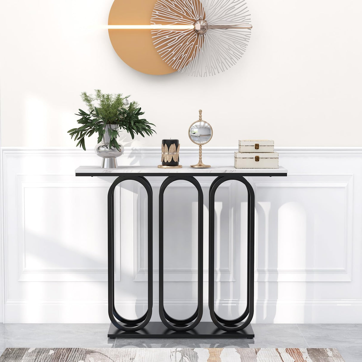 Console Table, Faux Marble Entryway Table with Adjustable Foot Pads, Metal Frame & Anti-Tipping Kits, Hallway Foyer Table, Side Table Behind Couch for Living Room, White & Black 100 cm