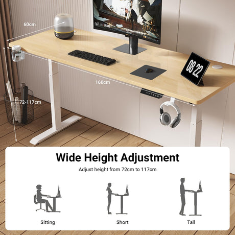 Electric Standing Desk Adjustable Height 160cm x 60cm Computer Desk Sit Stand Ergonomic Home Office Desk Memory Preset Table with Whole-Piece Desktop (White Frame + Oak Desktop)