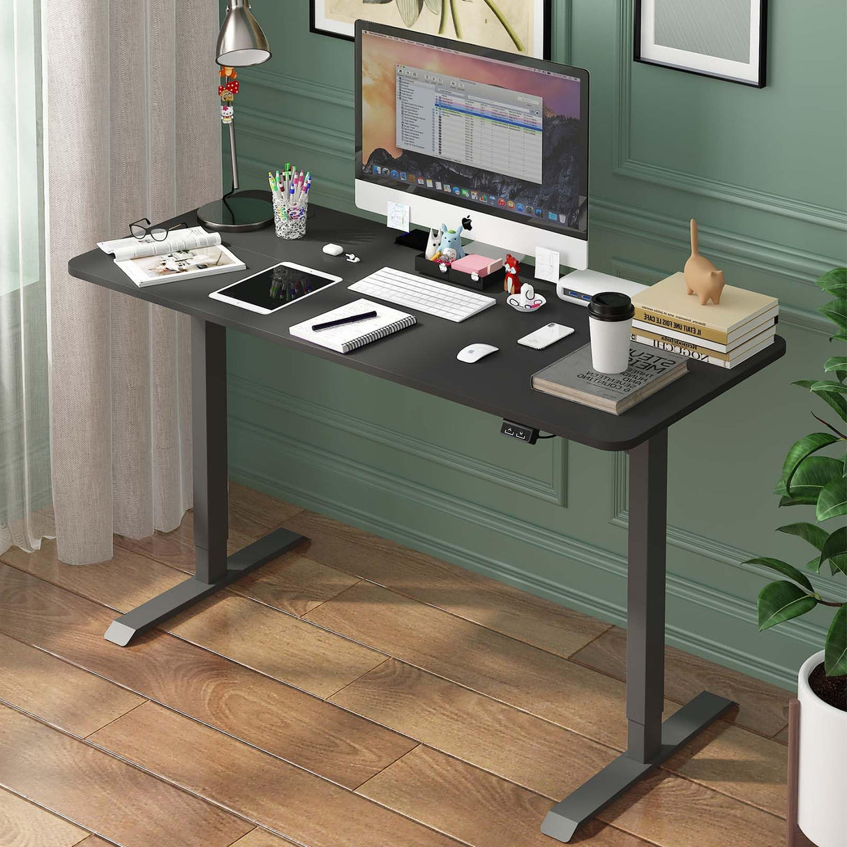 Standing Desk Electric Height Adjustable Sit Stand Desk 120 * 60cm Motorised Home Office Computer Workstation Black Desktop and Black Frame