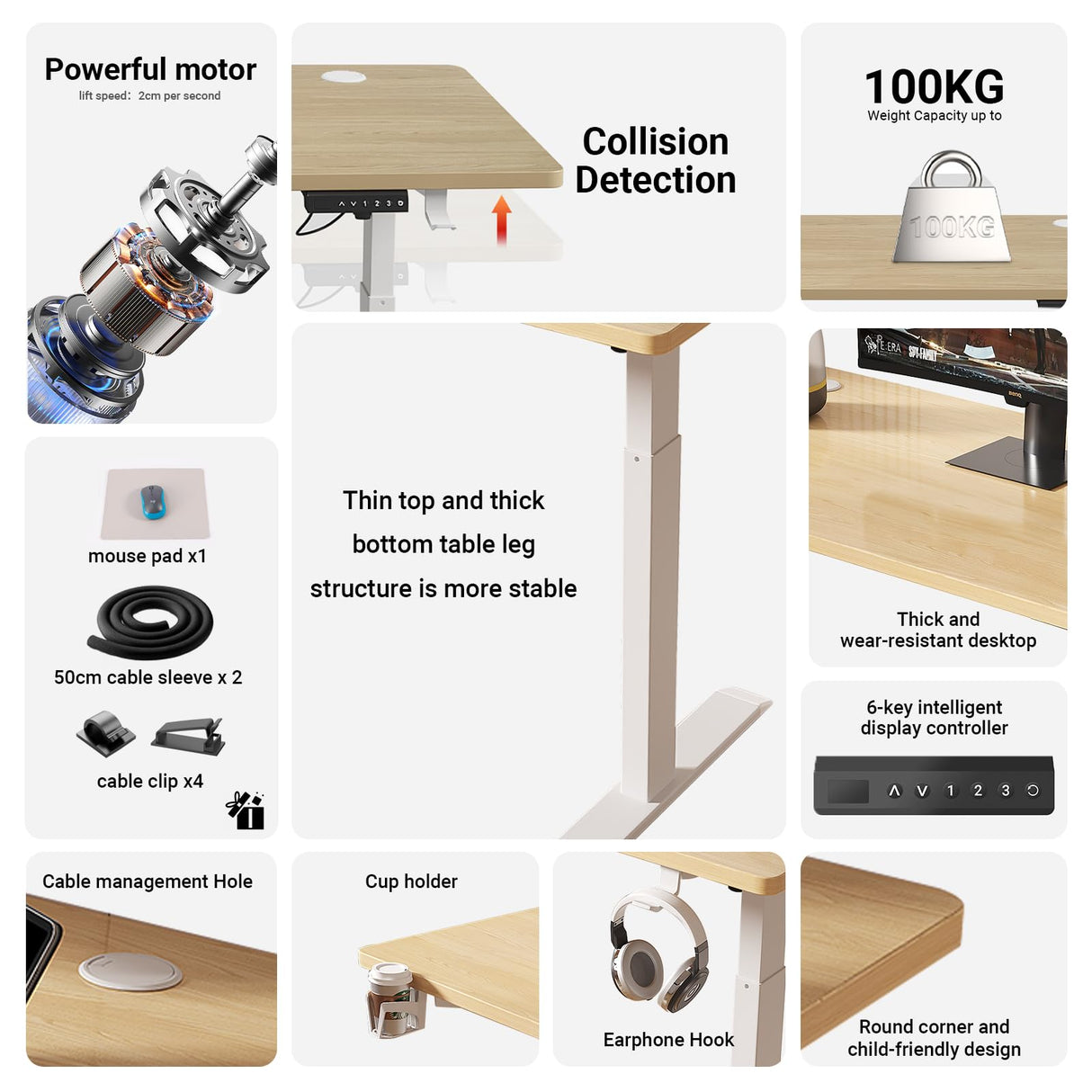 Electric Standing Desk Adjustable Height 160cm x 60cm Computer Desk Sit Stand Ergonomic Home Office Desk Memory Preset Table with Whole-Piece Desktop (White Frame + Oak Desktop)