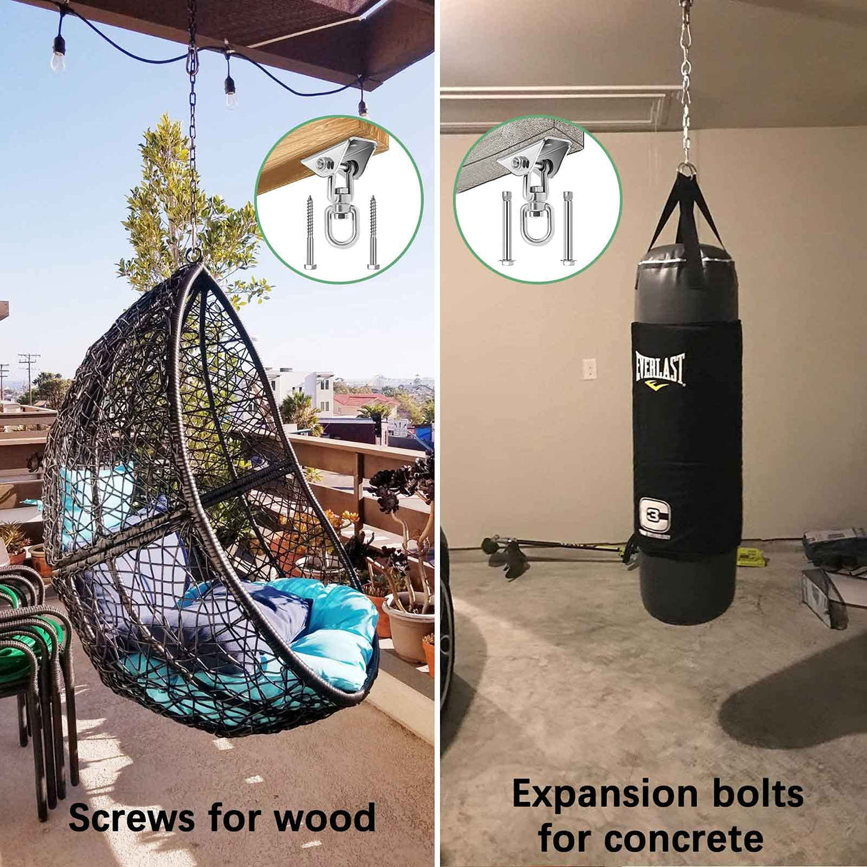 Hammock Chair Hanging Hardware Kit with Chain and Spring, Heavy Duty Porch Swing Hanger, 360 Swivel Ceiling Hooks for Punching Bag,Gym (Screw)