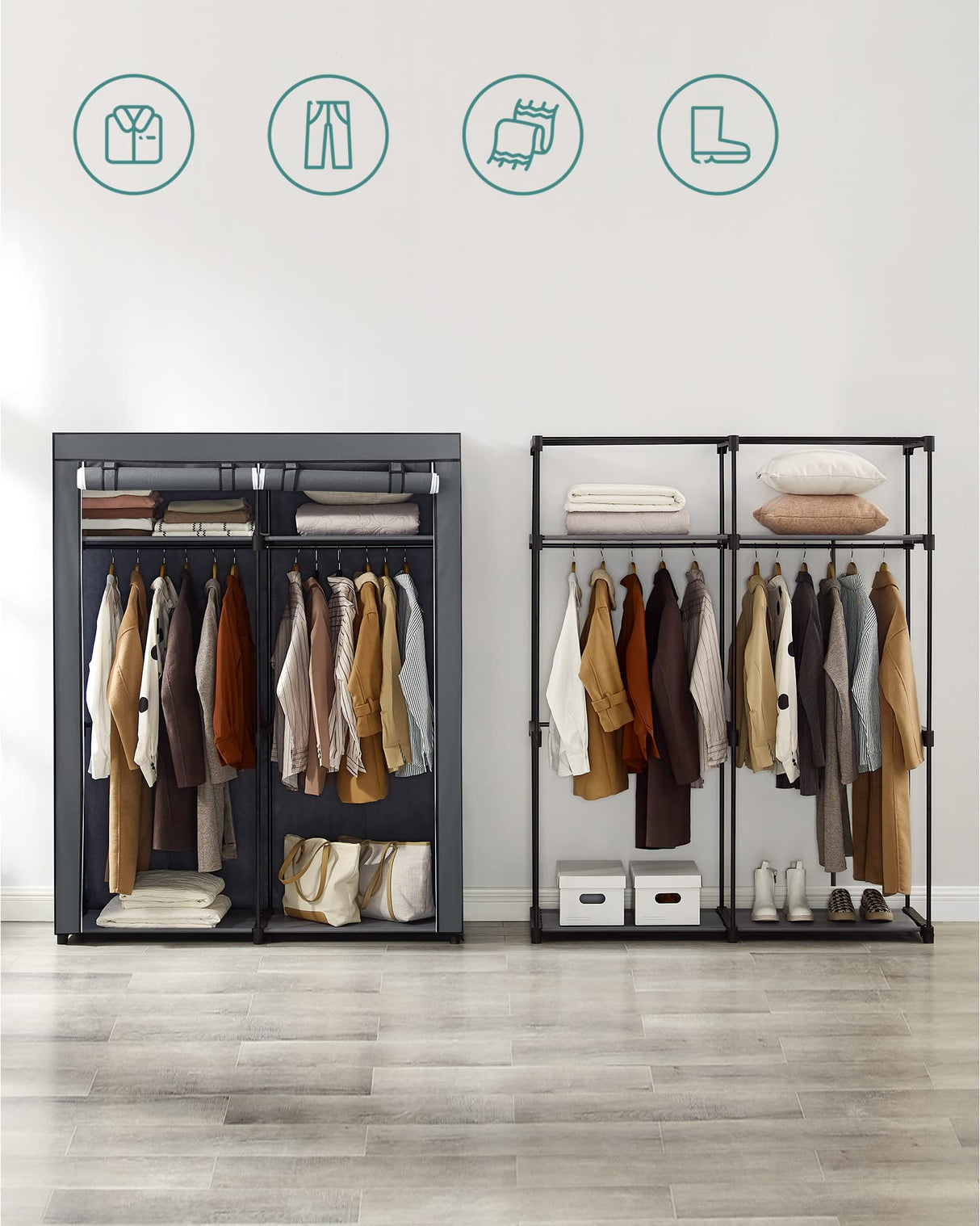 Wardrobe, Clothes Storage Wardrobe for Bedroom with 2 Clothes Rails, Fabric Portable Wardrobe, Collapsible, Clothes Rack, for Closet, 43 x 140 x 174 cm, Grey RYG02GY