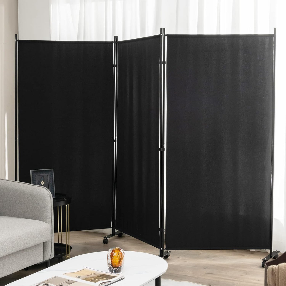 3 Panels Folding Privacy Screen, 180cm Tall Room Divider with Metal Frame & Wear-Resistant Fabric, Freestanding Partition Wall Divider with Rolling Wheels for Home, Office, Hospital