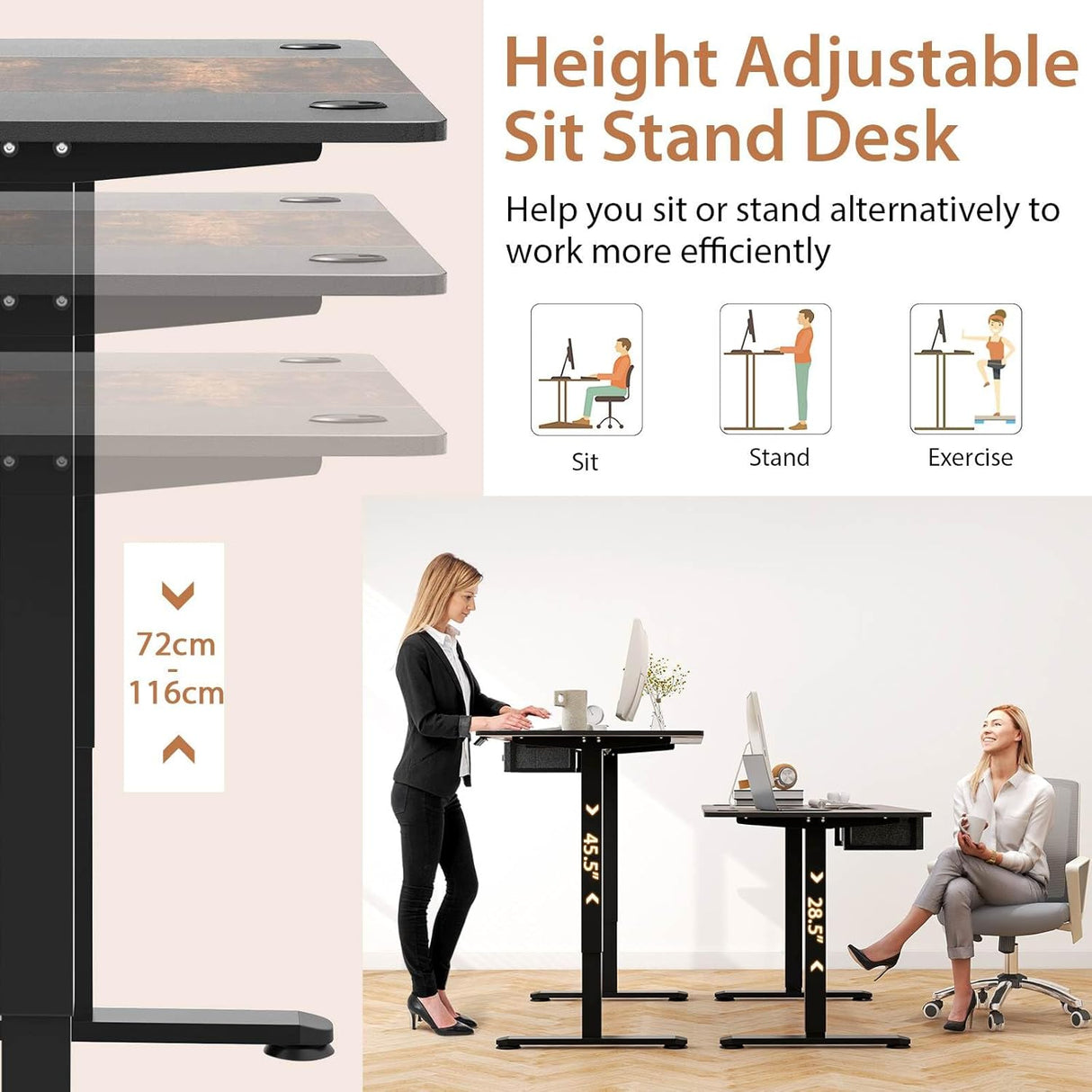 Electric Height Adjustable Standing Desk, Ergonomic Sit Stand Desk, Stand up Computer Workstation w/USB Charging Port, Storage Drawer, 2 Cable Holes, for Home Office 140 x 70 cm