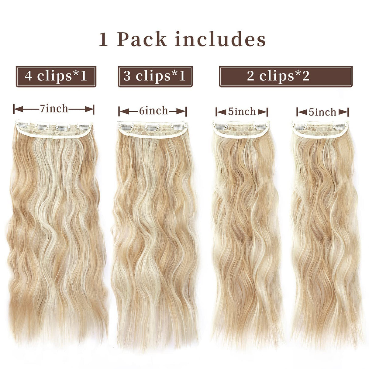 Clip in Long Wavy Synthetic Hair Extension 20 Inch 4PCS Dark Golden Mix Beige Blonde Highlights Hairpieces Thick Double Weft Hair Extension for Women (4pcs, 20Inch, P86/613#)