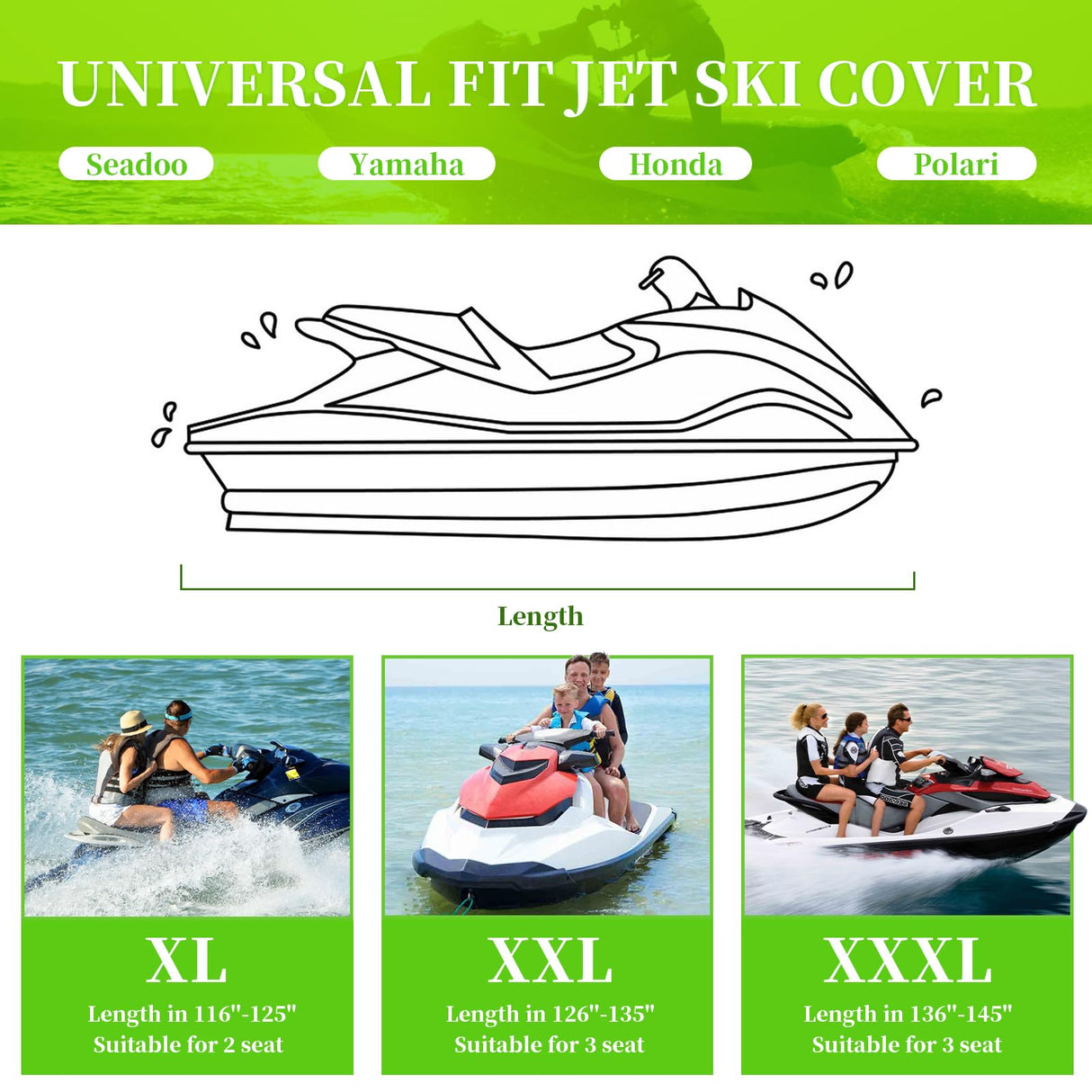 Jet Ski Cover, Heavy Duty Waterproof 210D PWC Cover with Air Vents and Reflective Strips, Fits Seadoo Yamaha GTX Kawasaki Honda Polaris 2 Seater Lengths (Black&Gray)