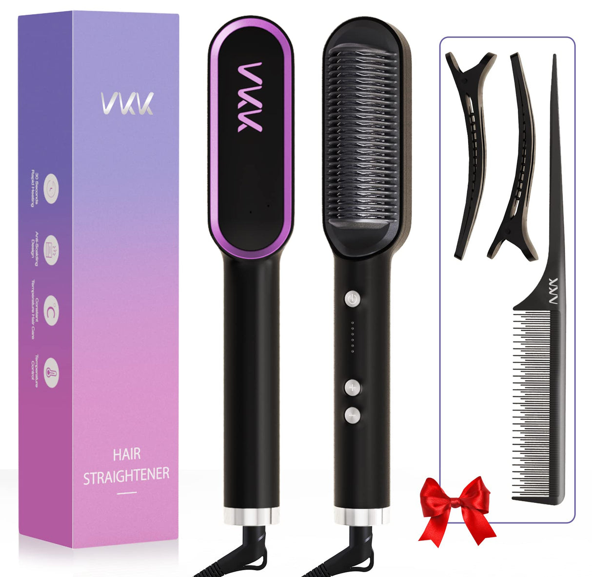 Hair Straightener Brush, Straightening Brush with 25s Quick Heating, 5 Temp Settings & Scald Protection, Straightening Brush with Iron and Built-in Comb, Professional Hair Tool for Styling