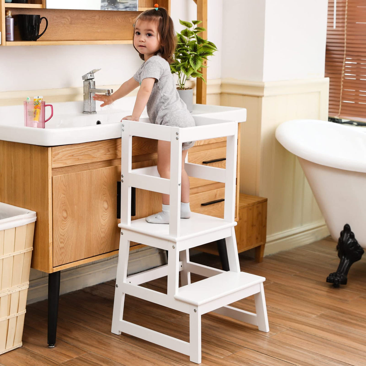 Kids Kitchen Step Stool for Kids with Safety Rail,Solid Wood Construction Toddler Learning Stool, Montessori Toddlers Kitchen Stool Tower (White)