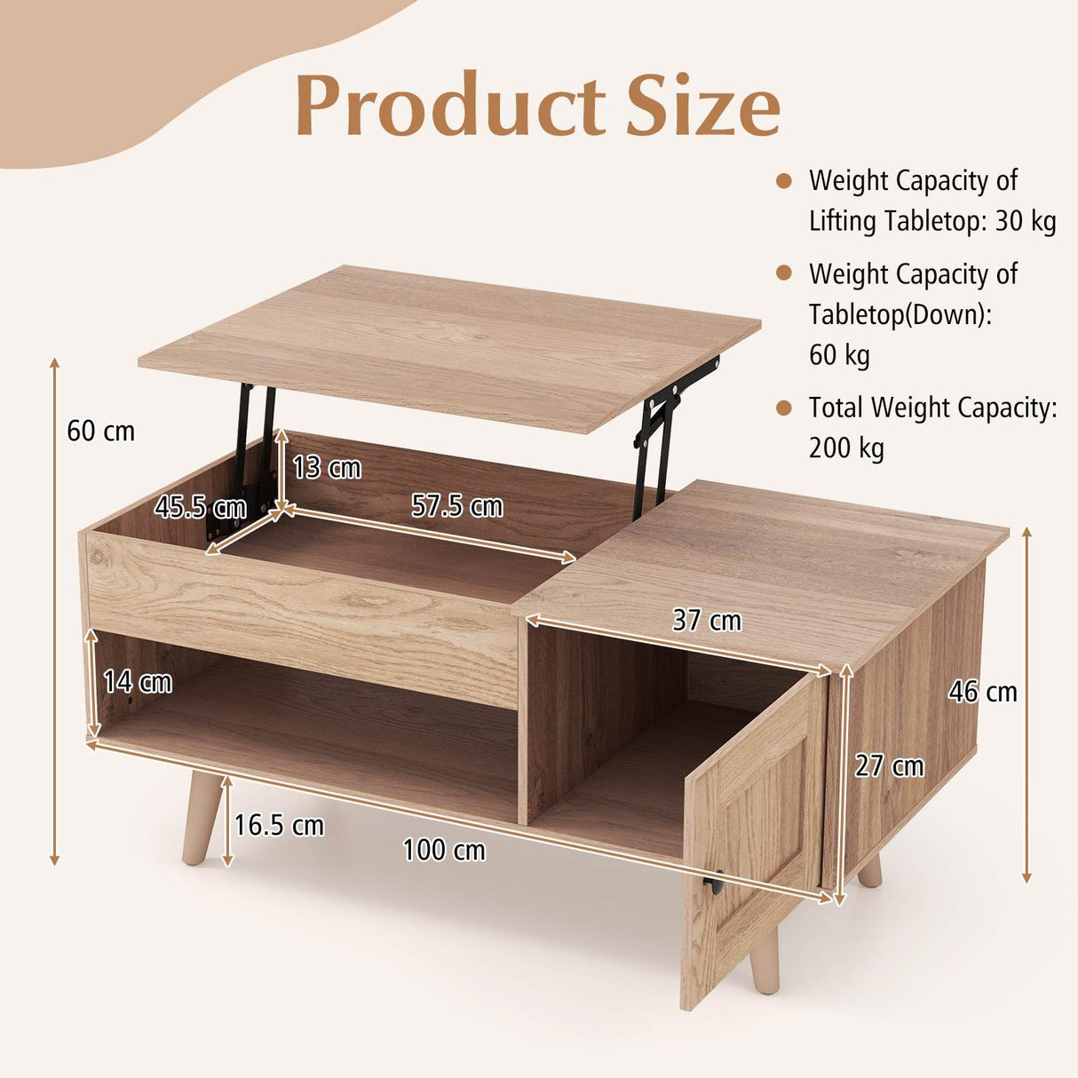 Lift Top Coffee Table with Storage, Living Room Table with Hidden Compartment, Cabinet & Open Shelf, Flip Top Center Table, Pull up Coffee Table for Home, Office