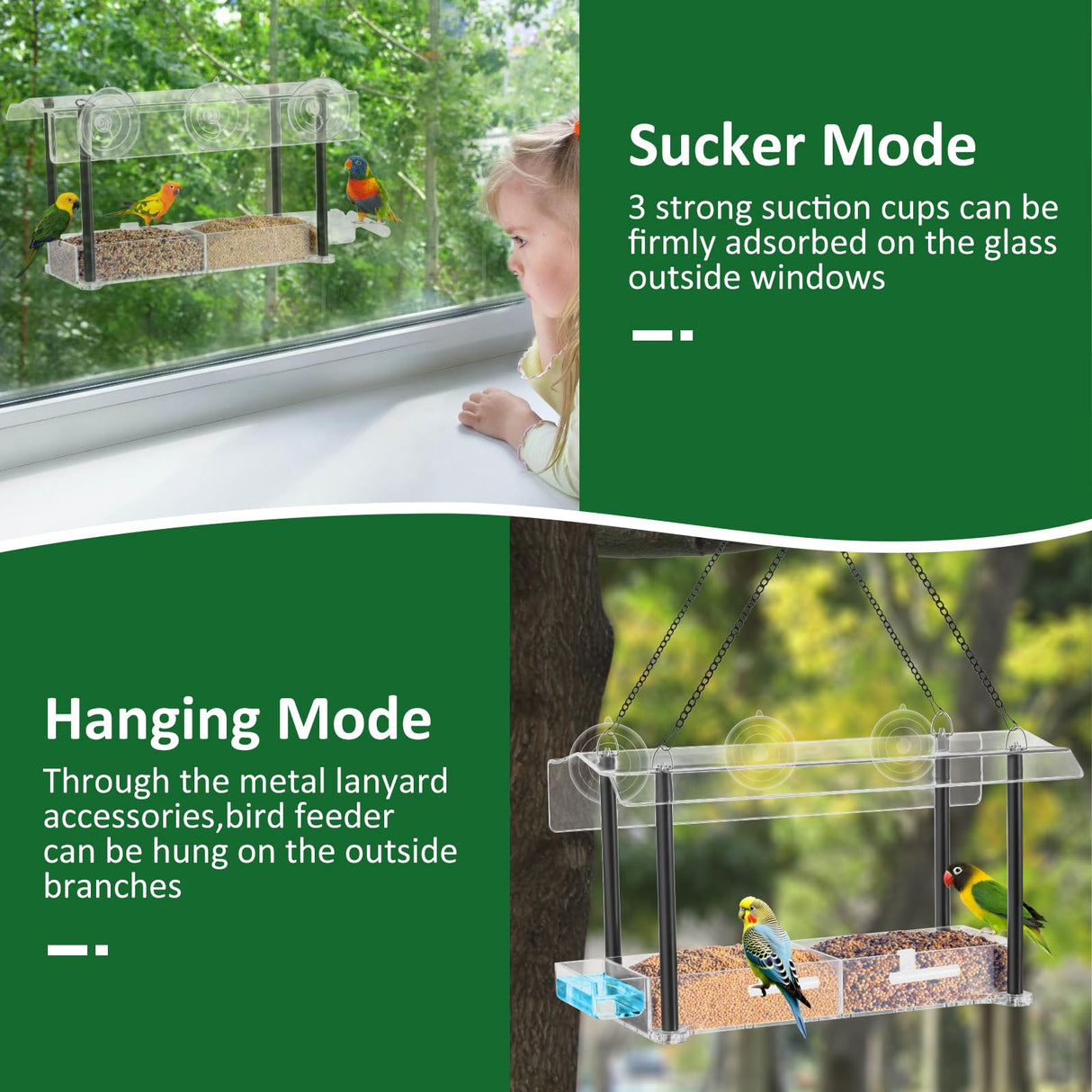 Bird Feeder with Suction Cup Mount - Convenient Water Tray Included Transparent Acrylic