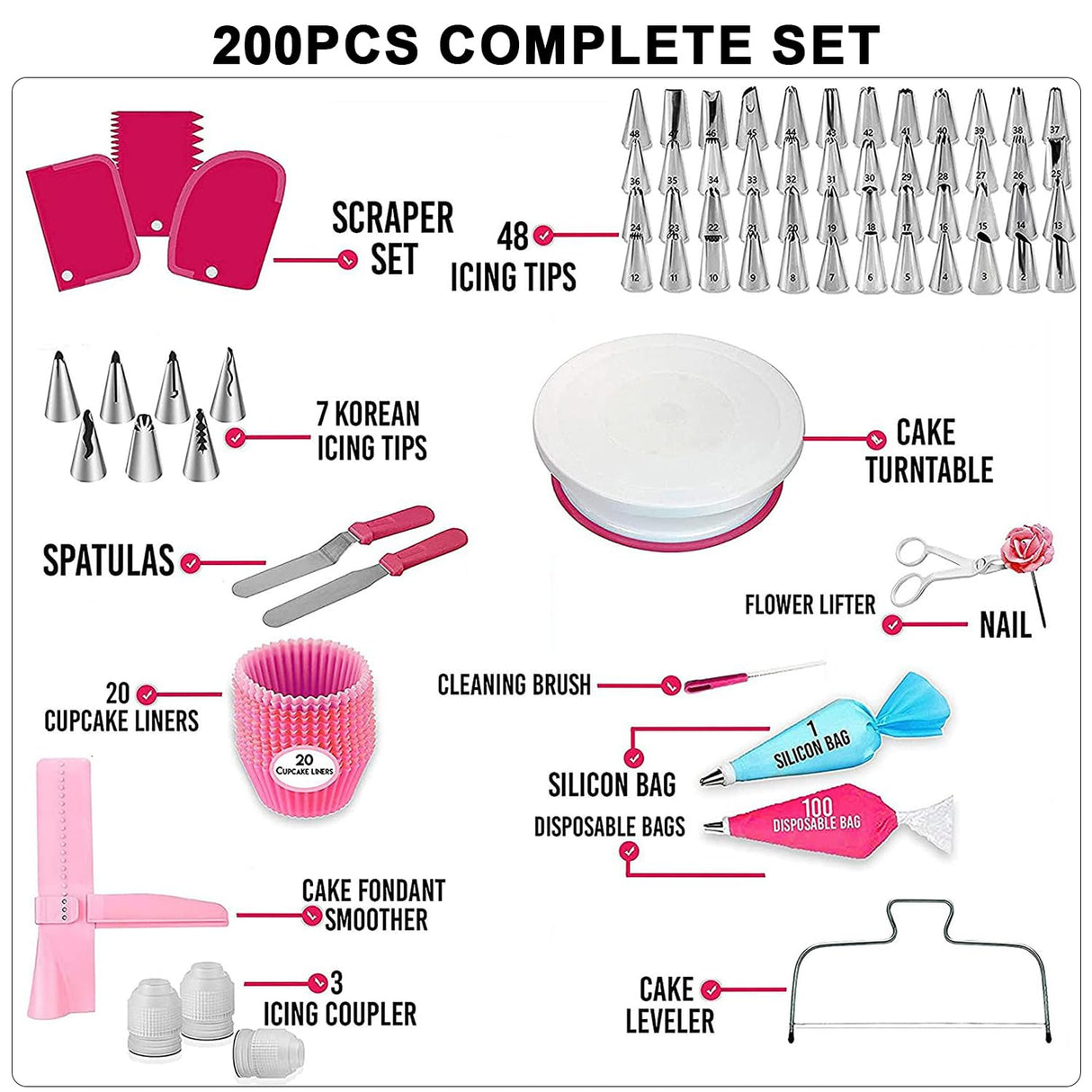 200 PCs Cake Decorating Supplies Kit for Beginners, Cake Decorating Tools, 1 Cake Turntable Stand with Piping Bags & Tips, 55 Piping Tips, 2 Spatula, Silicon Bag & Much More