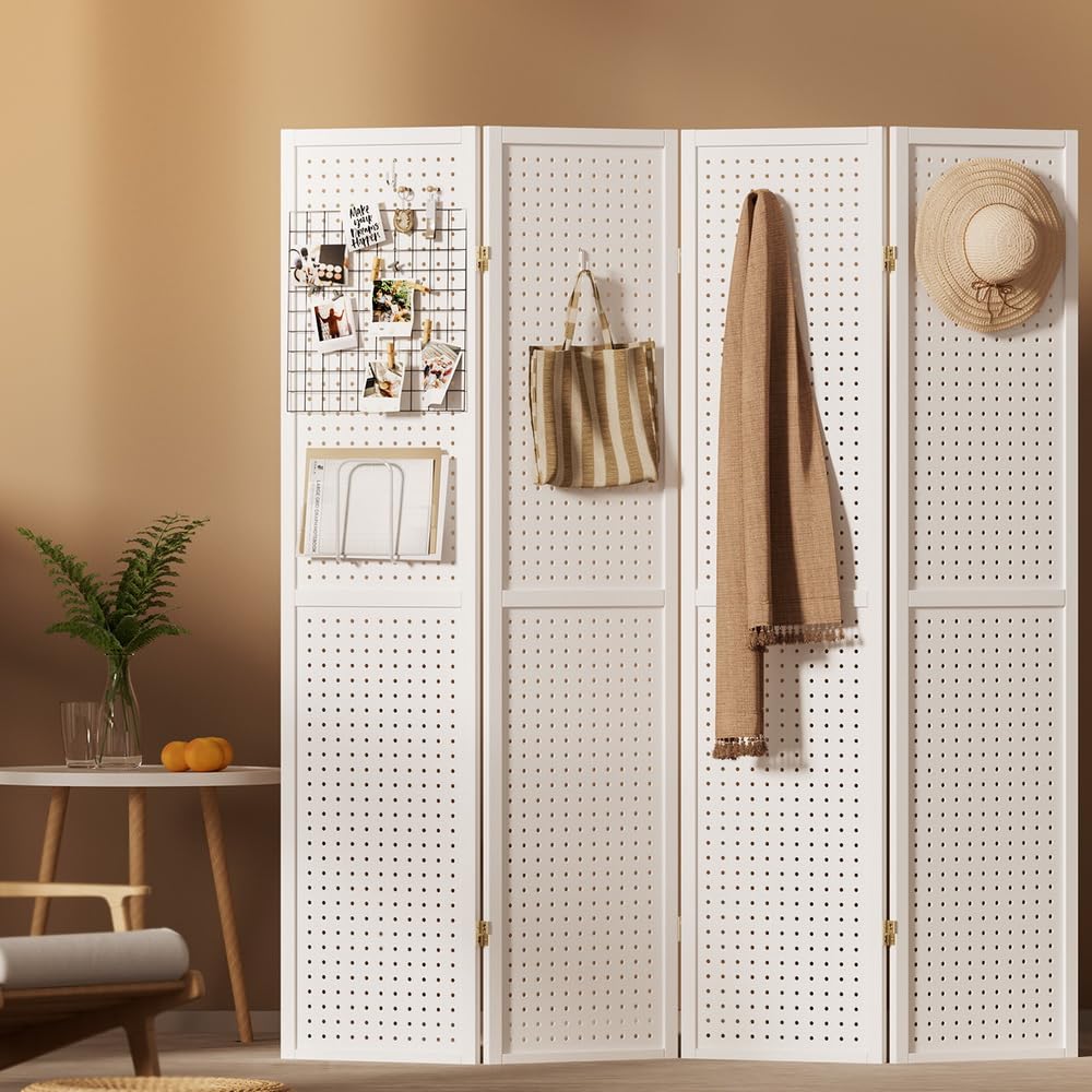 Artiss Room Divider, 4 Panels Folding Privacy Portable Screen Shelf Dividers Partition Wall Screens Home Pet Child Indoor Bedroom Furniture, Separator Water-Resistant Pegboard Stand Hollow White