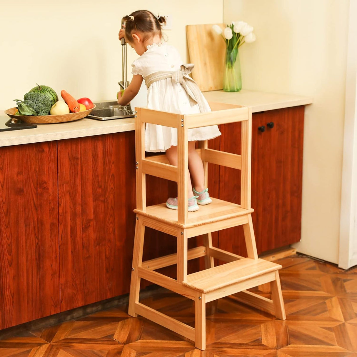 Kids Kitchen Step Stool for Kids with Safety Rail,Solid Wood Construction Toddler Learning Stool, Montessori Toddlers Kitchen Stool Tower (White)