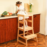 Kids Kitchen Step Stool for Kids with Safety Rail,Solid Wood Construction Toddler Learning Stool, Montessori Toddlers Kitchen Stool Tower (White)