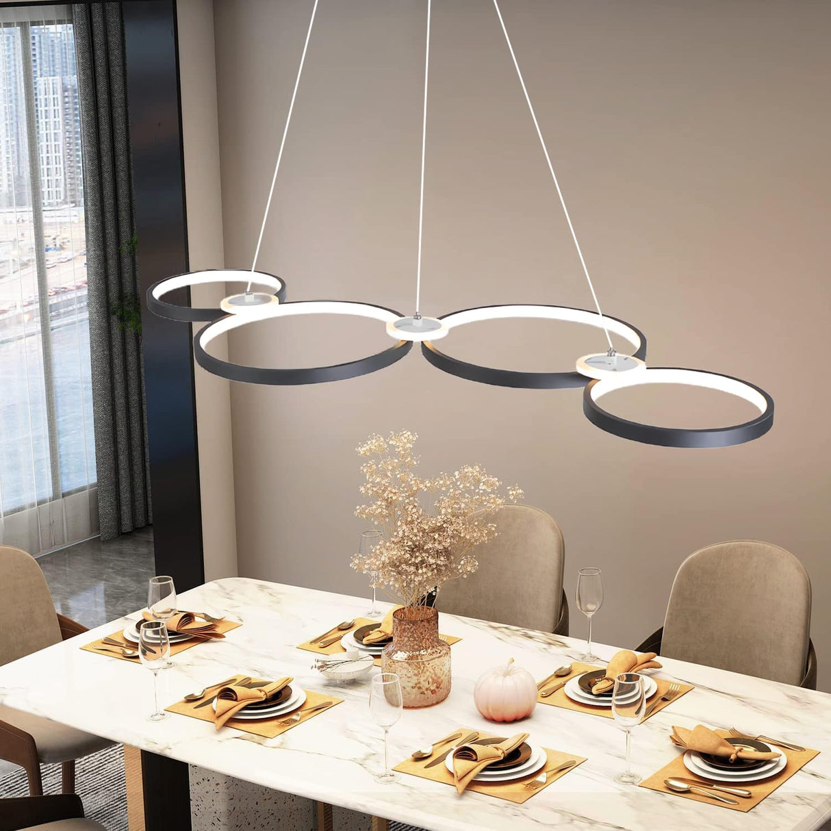 Dimmable LED Pendant Light for Dining Room Adjustable Height Chandelier 4 Black Rings Modern Pendant Lamp for Kitchen Island Living Room Office 60 Watt / 107 cm