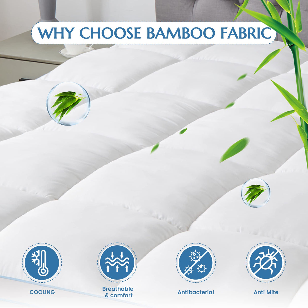 Luxury Bamboo Mattress Topper Double Size - Cooling & Softness - 1000GSM Bamboo Fiber Filling for Superior Comfort and Breathability with 45cm Deep Pocket - Hotel Quality- White