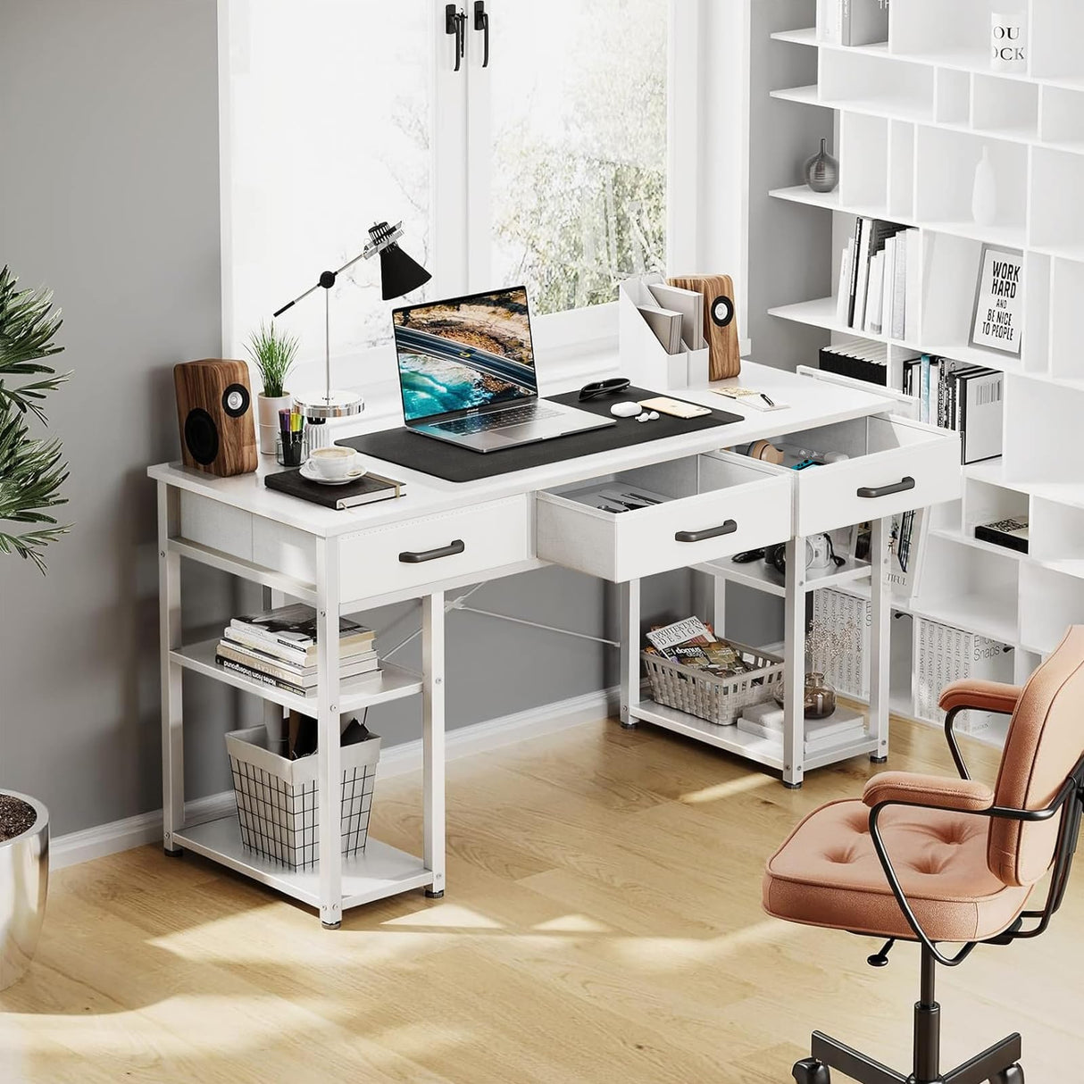 Office Small Computer Desk: Home Table with Fabric Drawers & Storage Shelves, Modern Writing Desk, 120 x 40 x 79cm,White