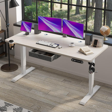 Height Adjustable Electric Standing Desk with Drawer, 63 x 30 Inch (160x76CM) Stand Up Table, Computer Desk with Splice Board, Home Office Computer Ergonomic Desk, Oak Top + White Frame