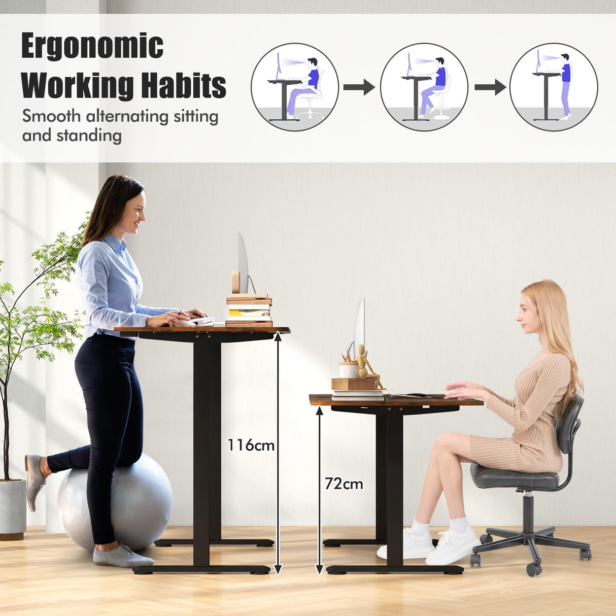 Large Electric Standing Desk, Height Adjustable Sit to Stand Desk, Metal Frame & Powerful Motor, Button Controller, Ergonomic Standing Workstation (Rustic Brown) 140 x 70cm