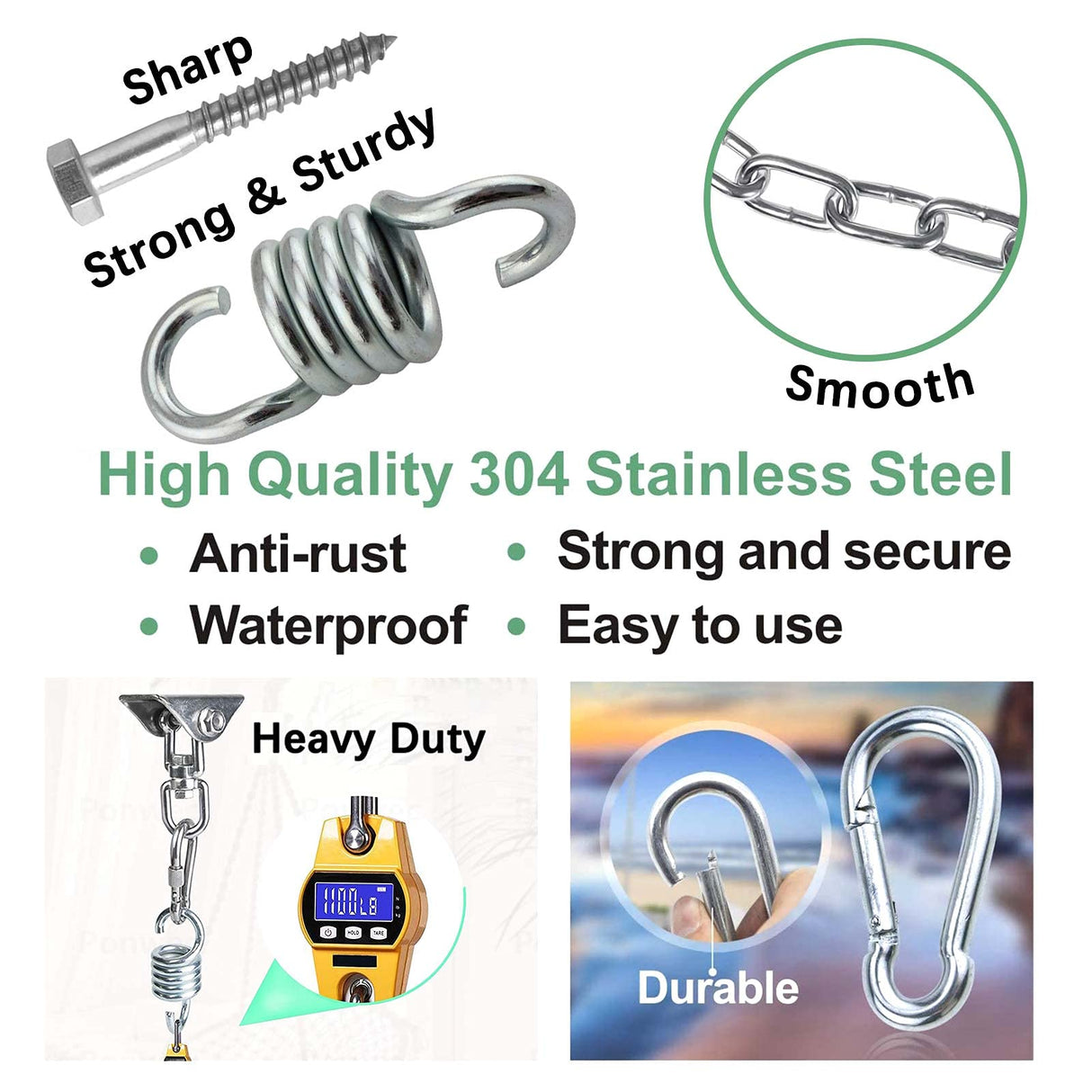 Hammock Chair Hanging Hardware Kit with Chain and Spring, Heavy Duty Porch Swing Hanger, 360 Swivel Ceiling Hooks for Punching Bag,Gym (Screw)