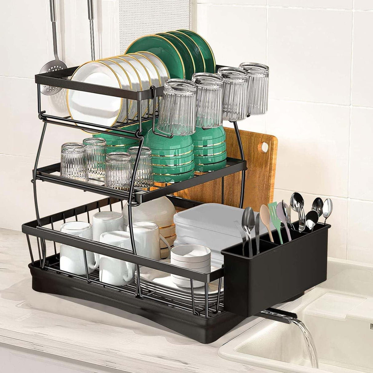 Dish Drying Rack,3-Tier Stainless Steel Dish Drainer with Drip Tray,Black Drainer with Wine Glass Holder,Removable Cutlery Rack for Kitchen Organization