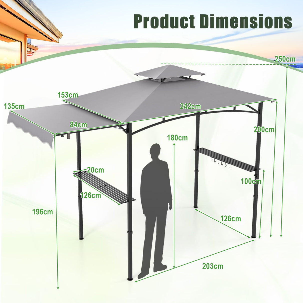 Grill Gazebo with Side Awning, 318 cm x 153 cm Outdoor BBQ Gazebo w/ 2 Side Shelves, Hanging Hooks & Bottle Opener, Double-Tiered Barbecue Canopy for Backyard, Patio, Garden, Deck