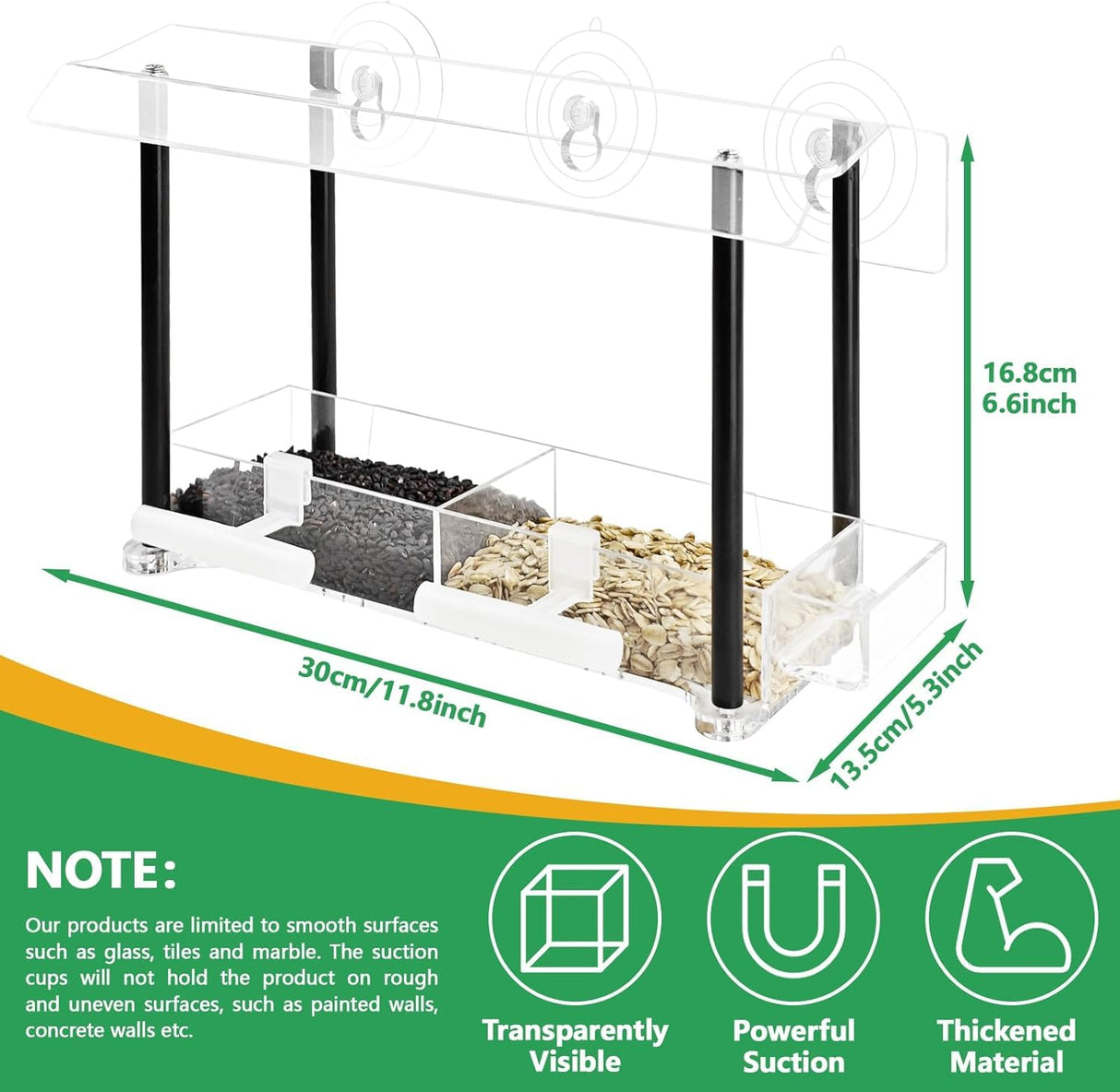 Bird Feeder with Suction Cup Mount - Convenient Water Tray Included Transparent Acrylic