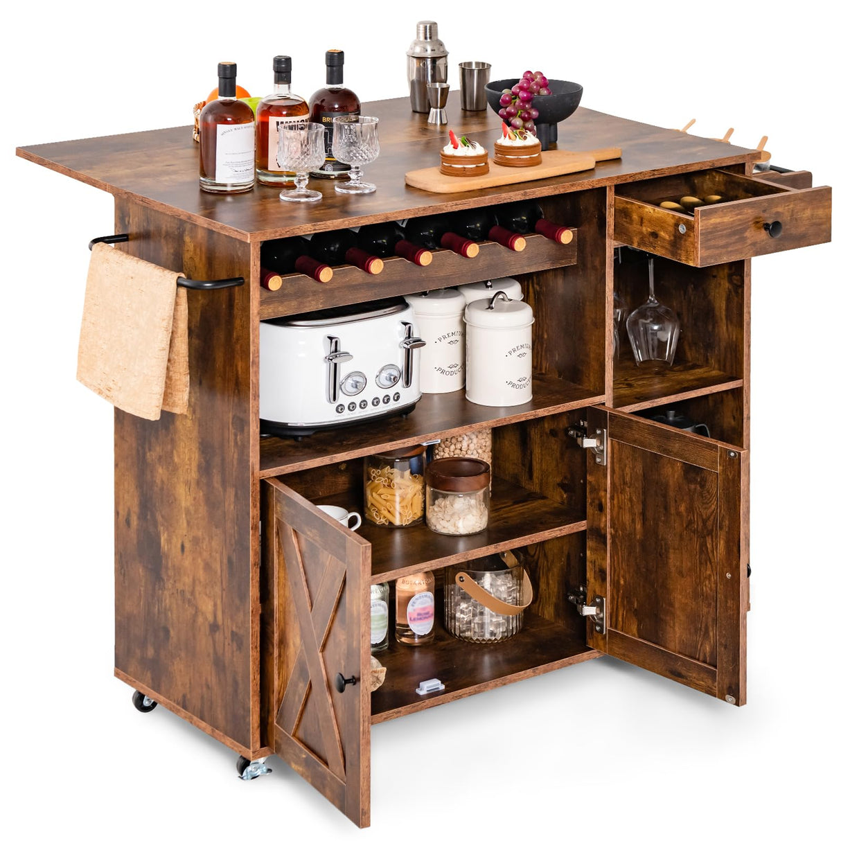 Rolling Kitchen Island Cart with Drop Leaf, Buffet Serving Cart with Wine Rack, Stemware Holder, Towel Rack & Spice Rack, Coffee Station Cabinet with Lockable Casters, Rustic Brown